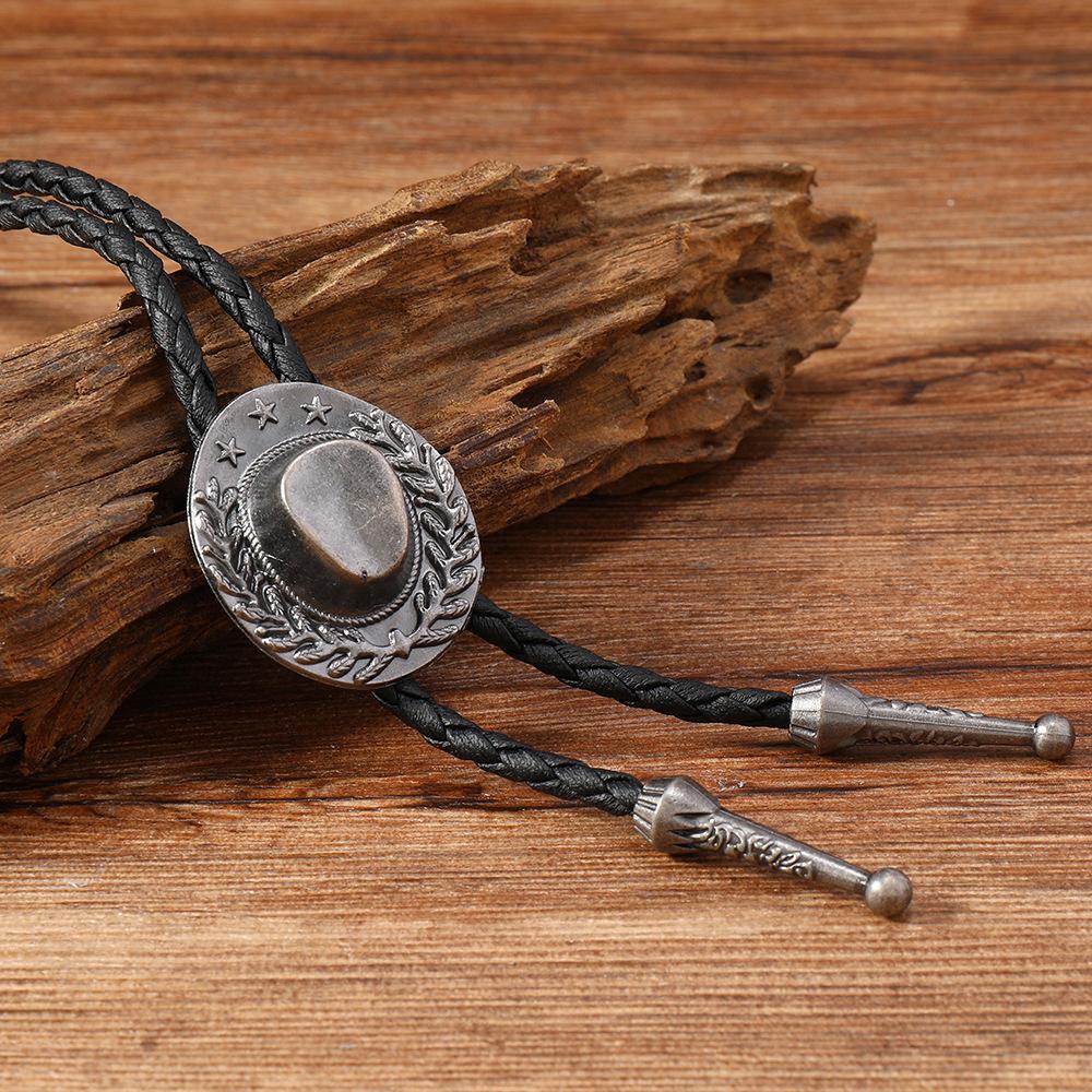 Vintage Cowboy Hat Rice Ears Pentagram Necklace for Men Women Bohemian Style Couples PU Leather Rope Pendant