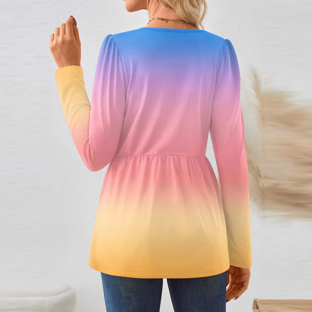 Women's Casual Fashion Long Sleeve Shirt Gradient Tunic Top