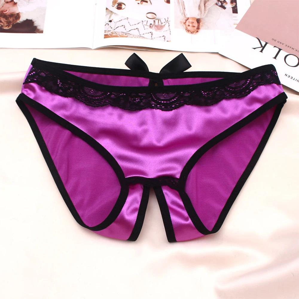 Women Sexy Open Crotch Panties High Quality Luxury Underwear Fashion Bow Silk Satin Underpants Comfortable Crotchless Briefs