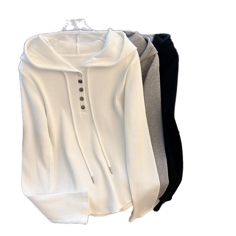 Dámské tričko nadměrné velikosti 240 jin volného střihu se stahovací kapucí a dlouhým rukávem - Jarní/podzimní zeštíhlující základní top