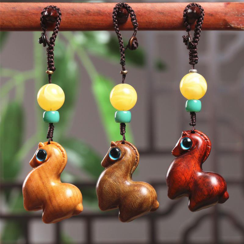 Zodiac Horse Rosewood Pendant with Green Sandalwood and Redwood Charms Keychain