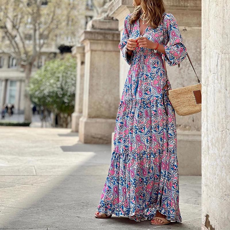

2025 Autumn Fashion V-neck Long-sleeve Bohemian Mid-length Dress for Women S рожевий червоний колір