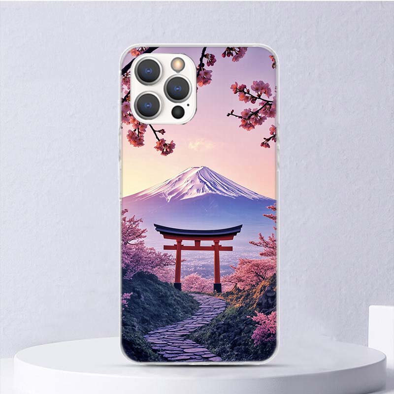 Japanese Cherry Mount Fuji Soft Case For iPhone 16 17 Air 16E 15 Plus 11 12 13 Mini 14 Pro Max Phone Cover Apple 7 8 SE Coque Fu