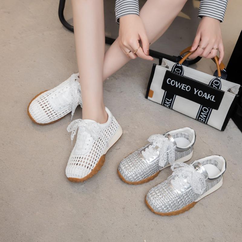 Leather new mesh little white shoes women's summer versatile woven casual shoes niche design board shoes tide