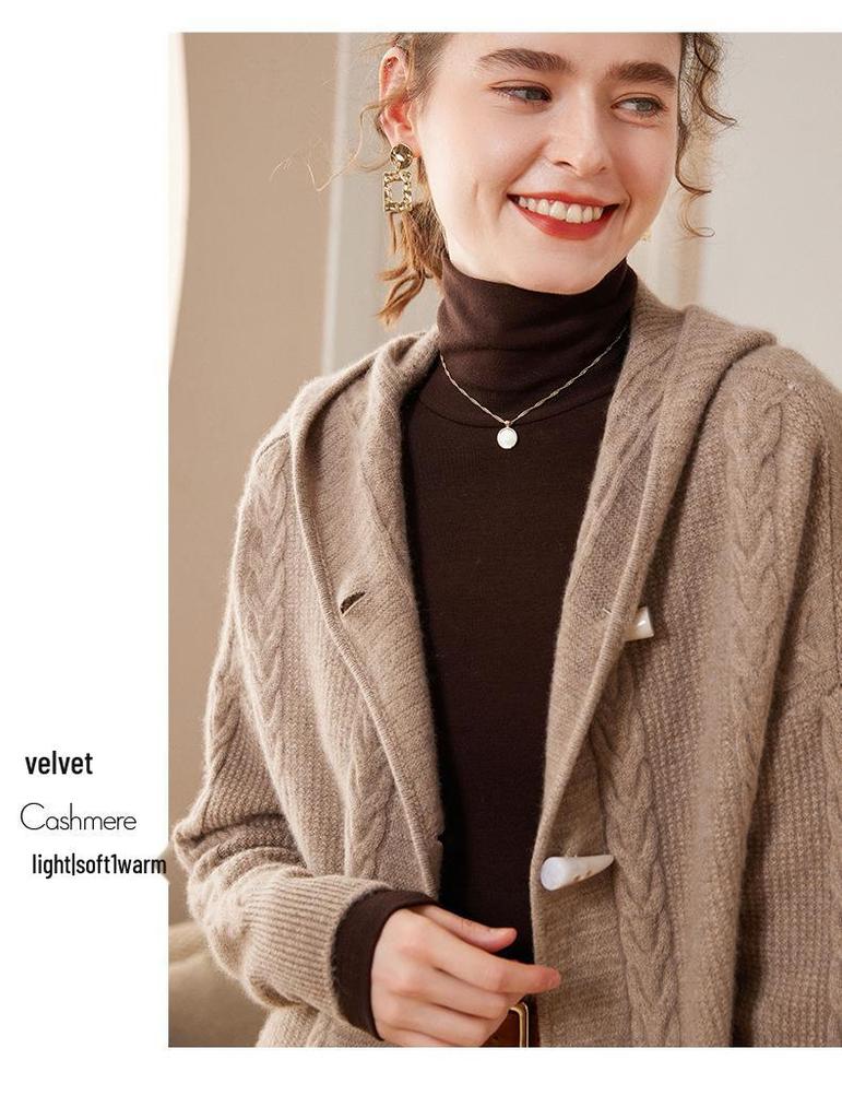 Women's Versatile Korean Style Pure Wool Hooded Cardigan Cashmere Knit Outerwear Sweater