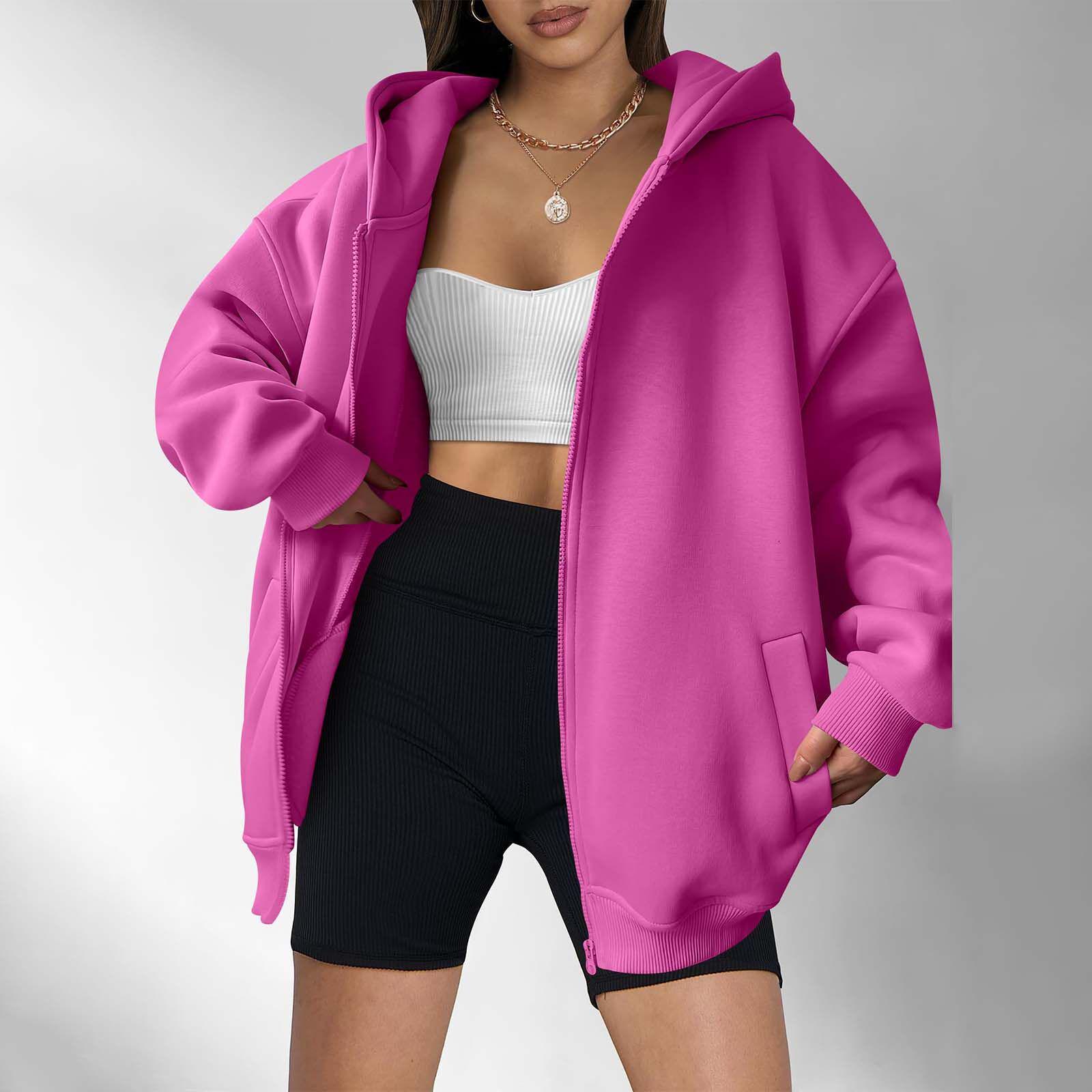 

2024 Женское худи оверсайз на молнии с карманами – Европейская и американская повседневная осенняя толстовка XXL фиолетовый