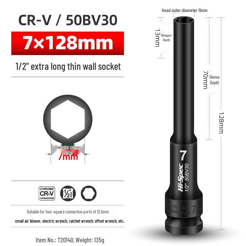 Extended Thin-Walled Hex Deep Impact Socket 8mm for Electric Wrench