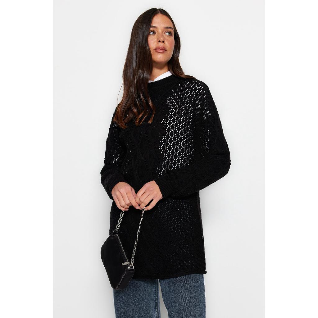 Navy Blue Openwork Knitwear Sweater Tctaw22ak0089