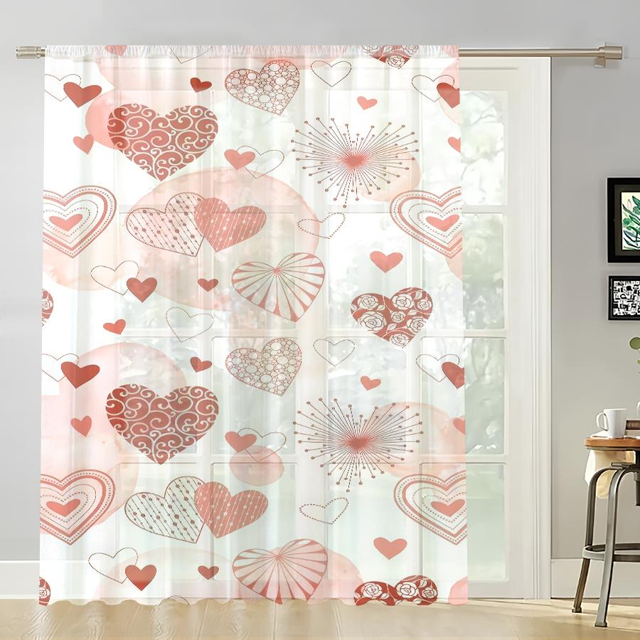 

Single Panel Pink White Patterned Heart Shaped Gauze Curtain Romantic Valentine Day Style Suitable Bedroom Living Room Curtains Polyester Area Window W100*H70(CM)-Grommet top&1PCS