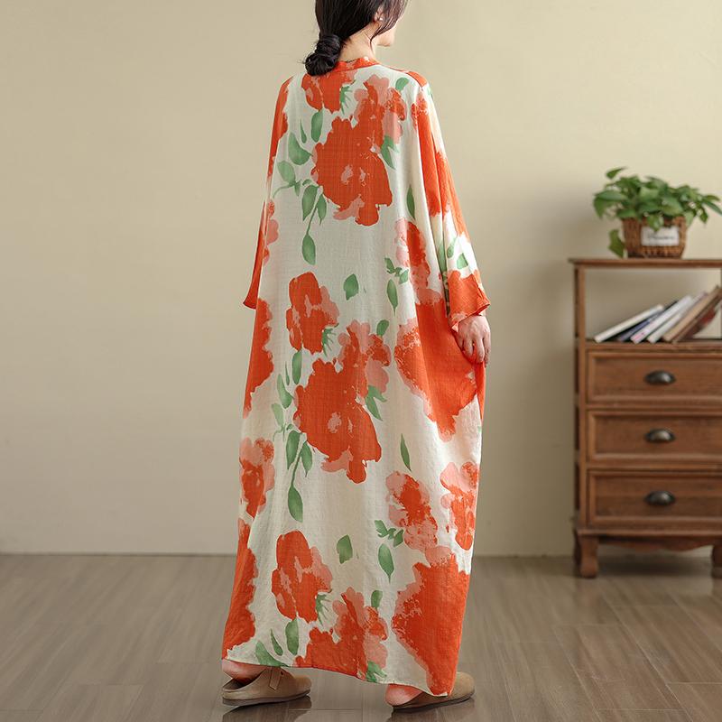 

DIMANAF 2025 Women Plus Size Spring Long Dress Loose V-Neck Printing Vintage Casual Floral Oversize Long Sleeve 5037 One Size