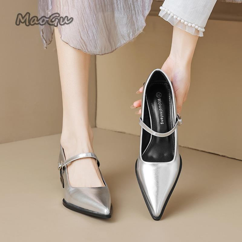 Fashion French Style Silver Black Mary Jane Shoes Pointed Toe Chunky Heel Ankle Strap Dress Shoes for Women Elegant Mid Heel Pumps 34-42