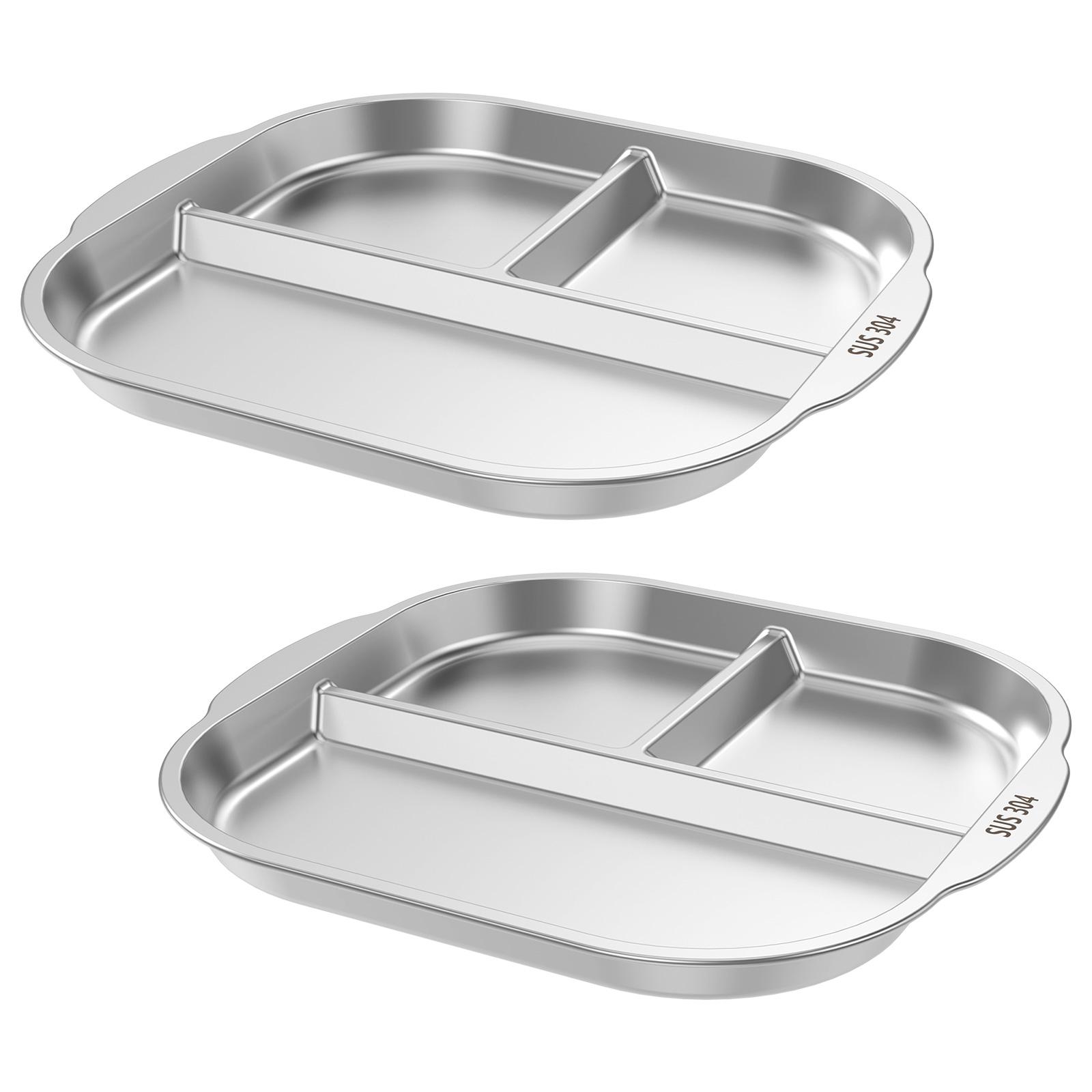 

2 шт. Тарелки из нержавеющей стали с разделителями, 3 отделения, Тарелка для закусок из нержавеющей стали, Многоразовые тарелки для ужина с разделителями для детей и взрослых