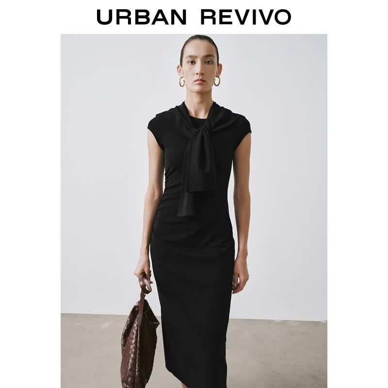 UR 2026 Spring Women s Elegant Casual Pleated Tie-Waist Dress XS
