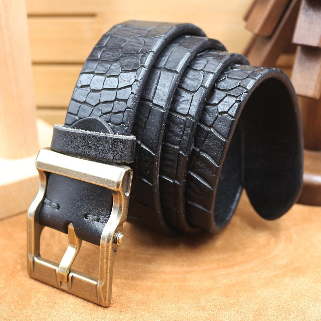 3.8CM Wide Fashion Trend Belt Genuine Leather Pin Buckle Retro Old Crocodile Pattern Head Layer Cowhide Belt Versatile Men