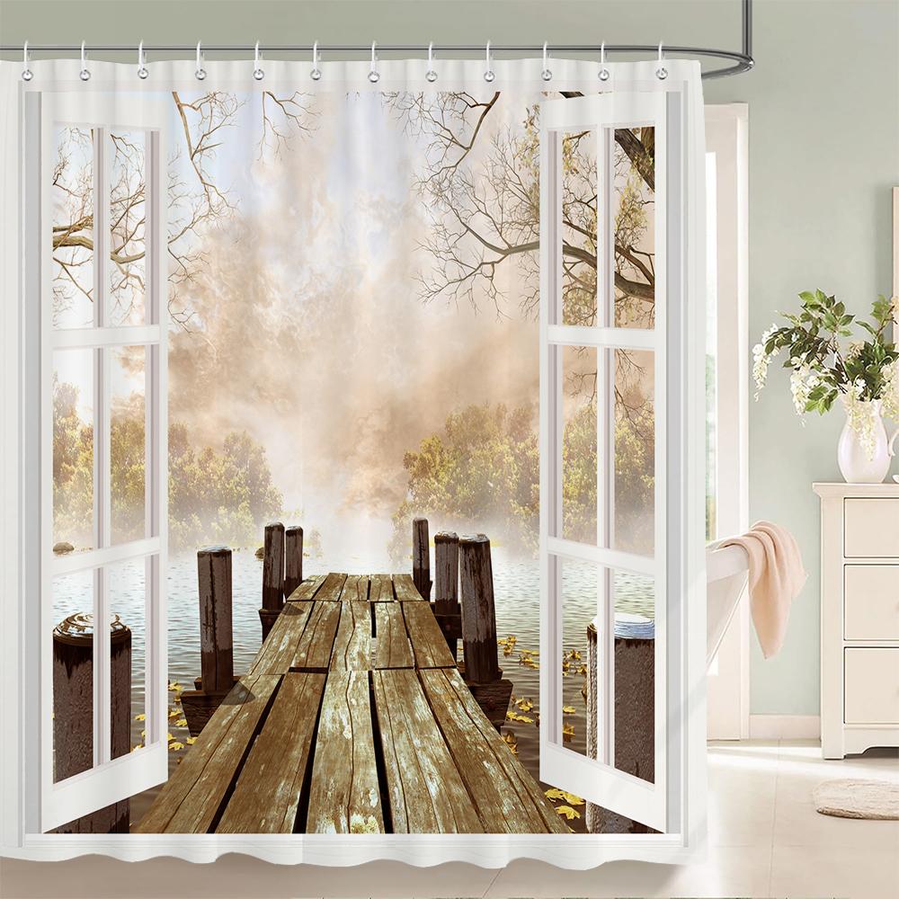 Bath Curtain 3D Printing Window Scenery Forest Shower Curtains 180*200Cm Waterproof Bathroom Curtain Washable Fabric With Hooks