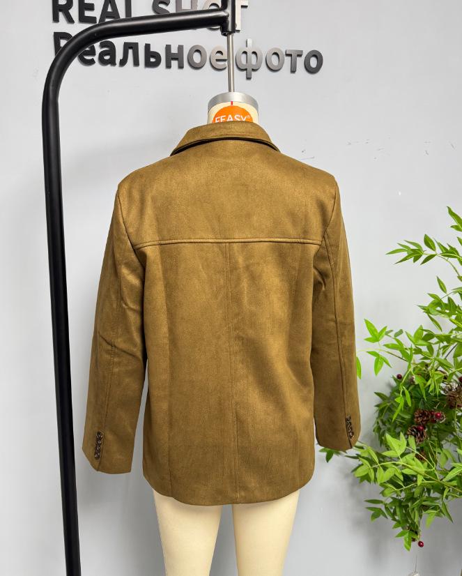 Retro Bruine Losse Zak Lange Mouw Damespak Jasje - Europese & Amerikaanse Stijl