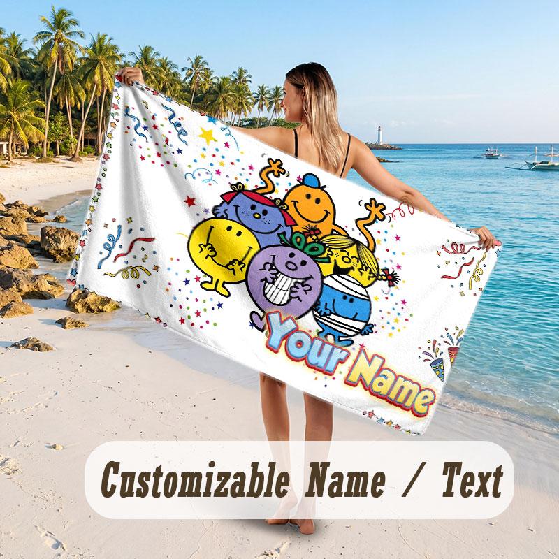 Personalized Beach Towel,Mr. Men & Little Miss Custom Printed Name Text, Super Absorbent Towel For Beach Vacation