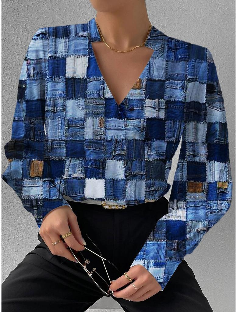 Autumn new product long-sleeved V-neck splicing shirt shirt women