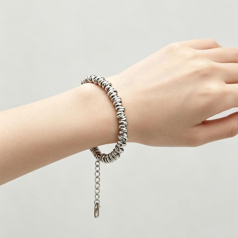 Retro Chain Bracelet in Stainless Steel with Lobster Clasp, Rounded Bead Links and Casual Daily Wear Looks for Styling