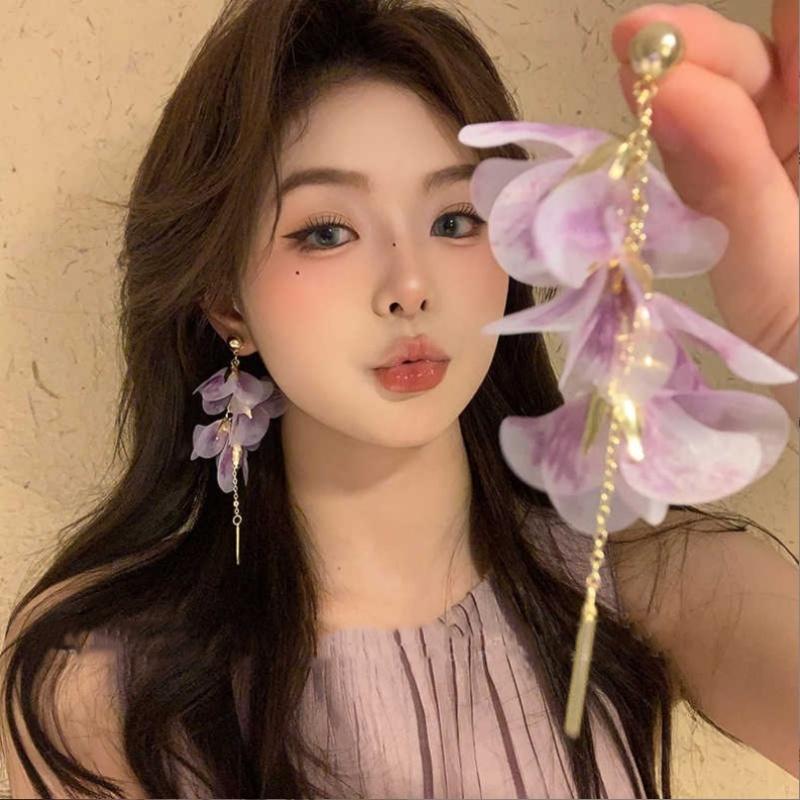Süße Rosa Blume Lange Quastenohrringe Für Frauen Garnnetz Ohrringe Pendientes Mode Sommer Schmuck Feiertagszubehör Geschenke