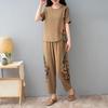 Plus Size Summer Cotton-Linen Suit: Loose Two-Piece Set for Middle-Aged and Elderly Women, Printed Short-Sleeve Top