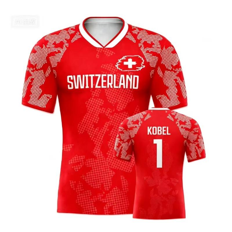 Switzerland Football Jersey V-Neck Swiss Cross Flag Print Quick Dry Soccer Shirt for Women Kids