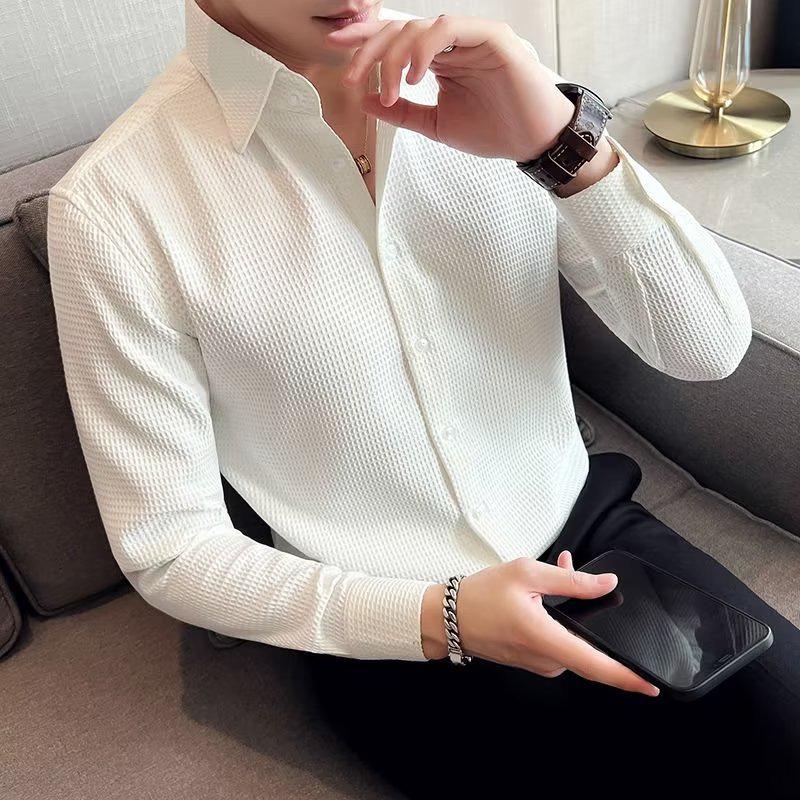 Men's Hong Kong Style Long Sleeve Waffle Shirt Jacket - Solid Color, All-Match, Perfect for Spring and Autumn