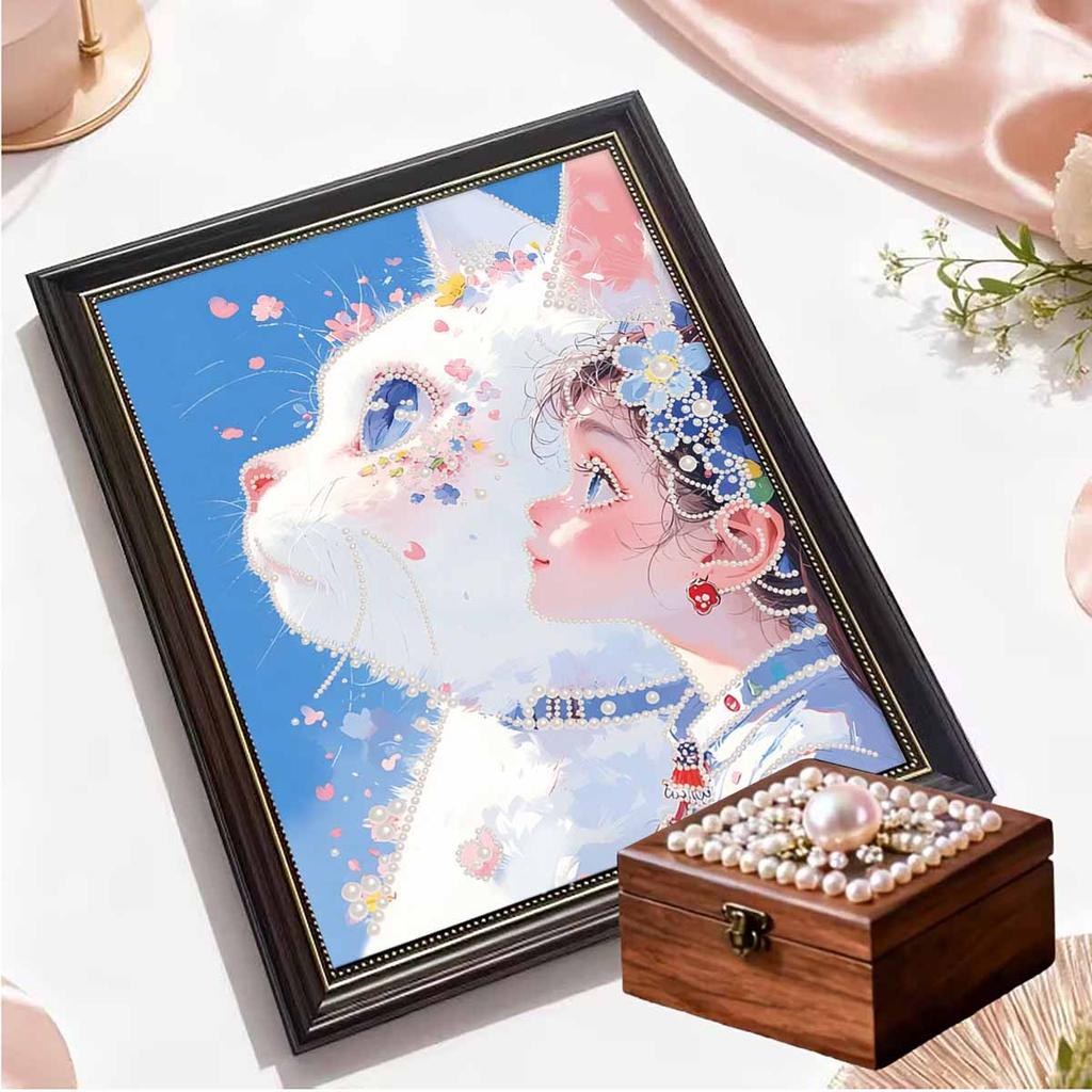 Crystal Pearl Painting 5D DIY Frame Decoration Painting White Cat Home Wall Decoration Transparent Pearl Gemstone Painting Picture Art Crafts