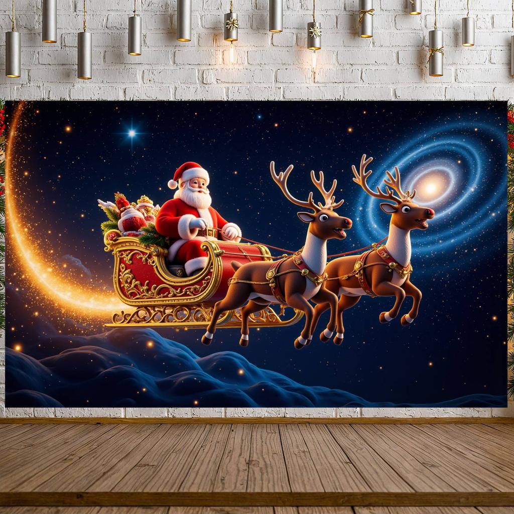 Santa Claus Display Shiny Elements Winter Display Reindeer Backdrop Festive Atmosphere Santa Sleigh Backdrop For Party Backdrop