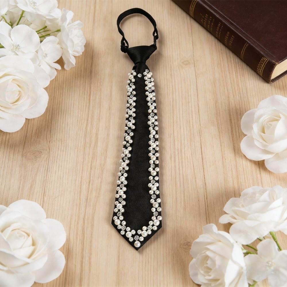 Rhinestone Pearls Tie Black Decoration Shirt Tie Hand-beaded Long Necktie  Women