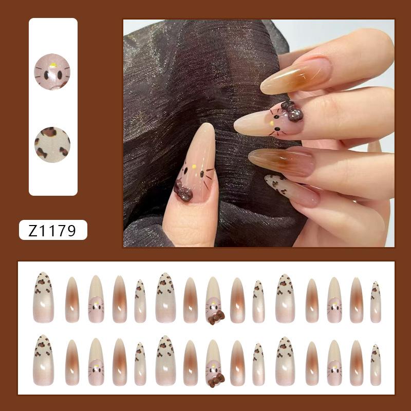 Coffee French cat eye gradual change leopard print bow cute cat ins wind removable wearing armor 30 pieces