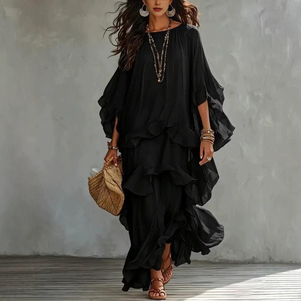 2026 Women's Chiffon Irregular Long Dress with Cape Sleeves and Wide Hem for European & American Holiday Style