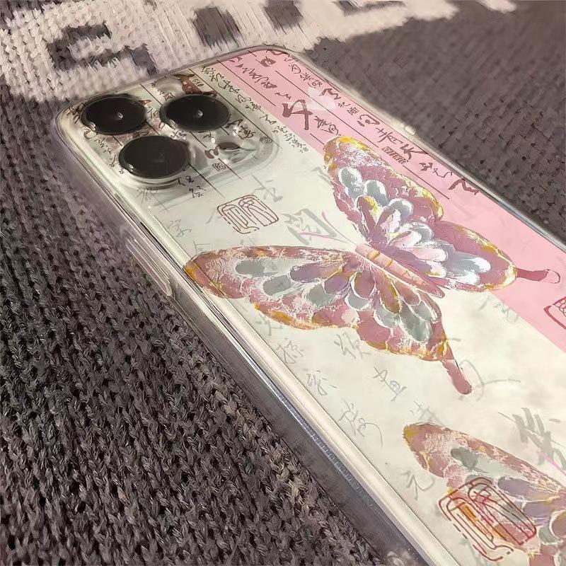 New Chinese oil painting powder butterfly is suitable for 16promax iPhone case iPhone15pro personalized 14plus.