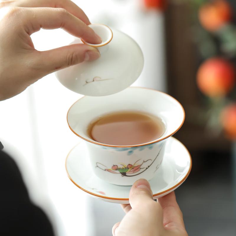 Hand-painted White Porcelain Sancai Gaiwan