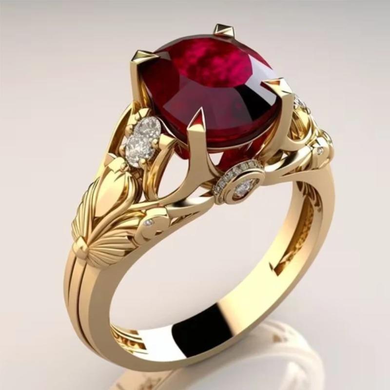 Retro Leaf Carved Ruby Ring Gold Color Red Crystal Engagement Ring Luxury Vintage Style Promise Ring for Women Wedding Jewelry