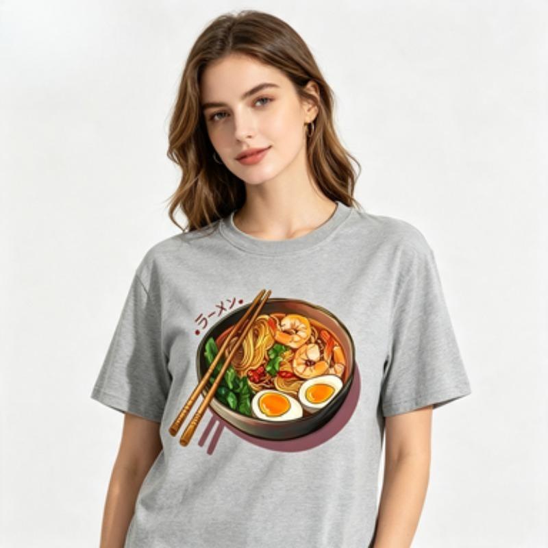 Unisex Cotton Tshirt Noodle Bowl Graphic Tee Aesthetic Food Lover Shrimp Egg Noodles Art Casual Crew Neck Short Sleeve Tops