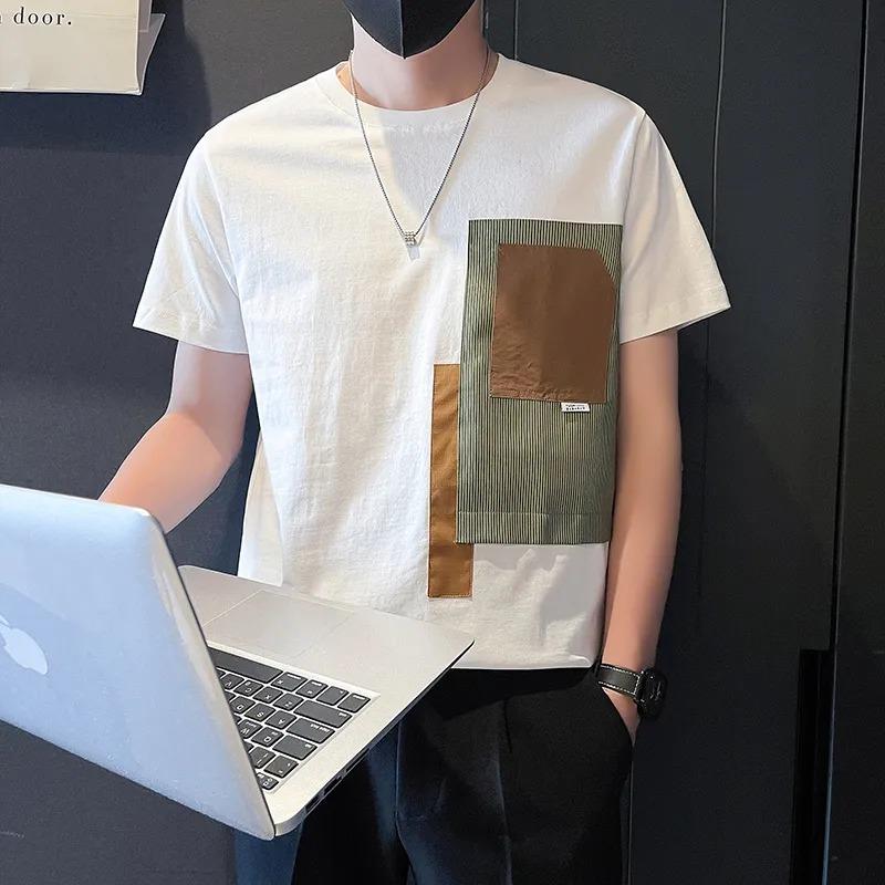 Men's Patchwork Short Sleeve T-Shirt Casual Round Neck Color Block Top Fashion Streetwear