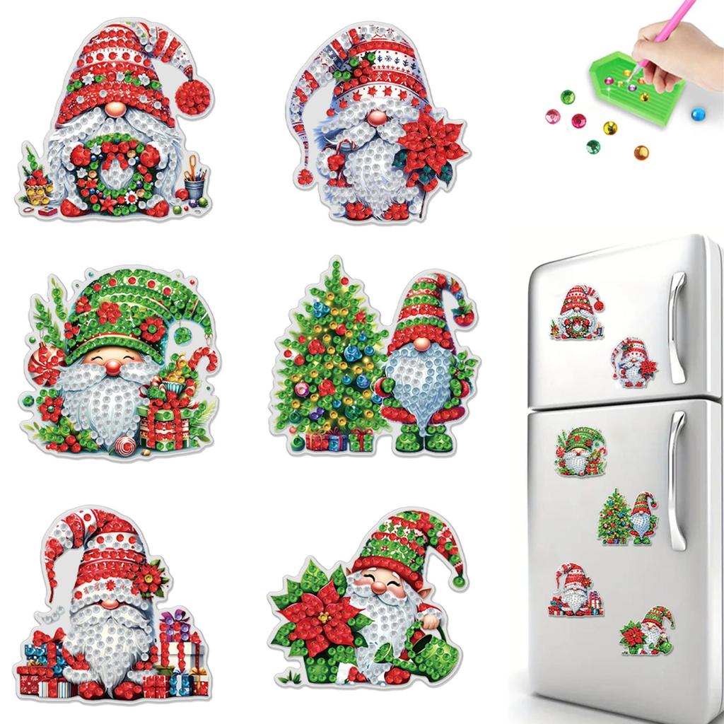 6pcs 2D Flat Xmas DIY Diamond Art Refrigerator Sticker Diamond Art Kits Crystal Refrigerator Magnet for Home Kitchen Decoration