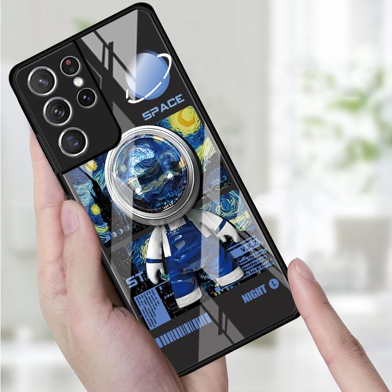 Phone Glass Case For Samsung Galaxy S22 S21 S20 Ultra FE S9 S10 S8 Plus Note 20 10 Lite 9 8 Cover Coque Cute Head Mini Astronaut