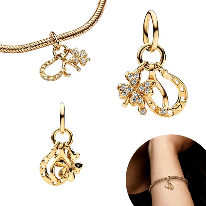 Sparkling Golden Pet Cat Lucky Horseshoe Paw Print Charm Beads Fit Original Bracelets Necklace Diy Women Jewelry Gifts