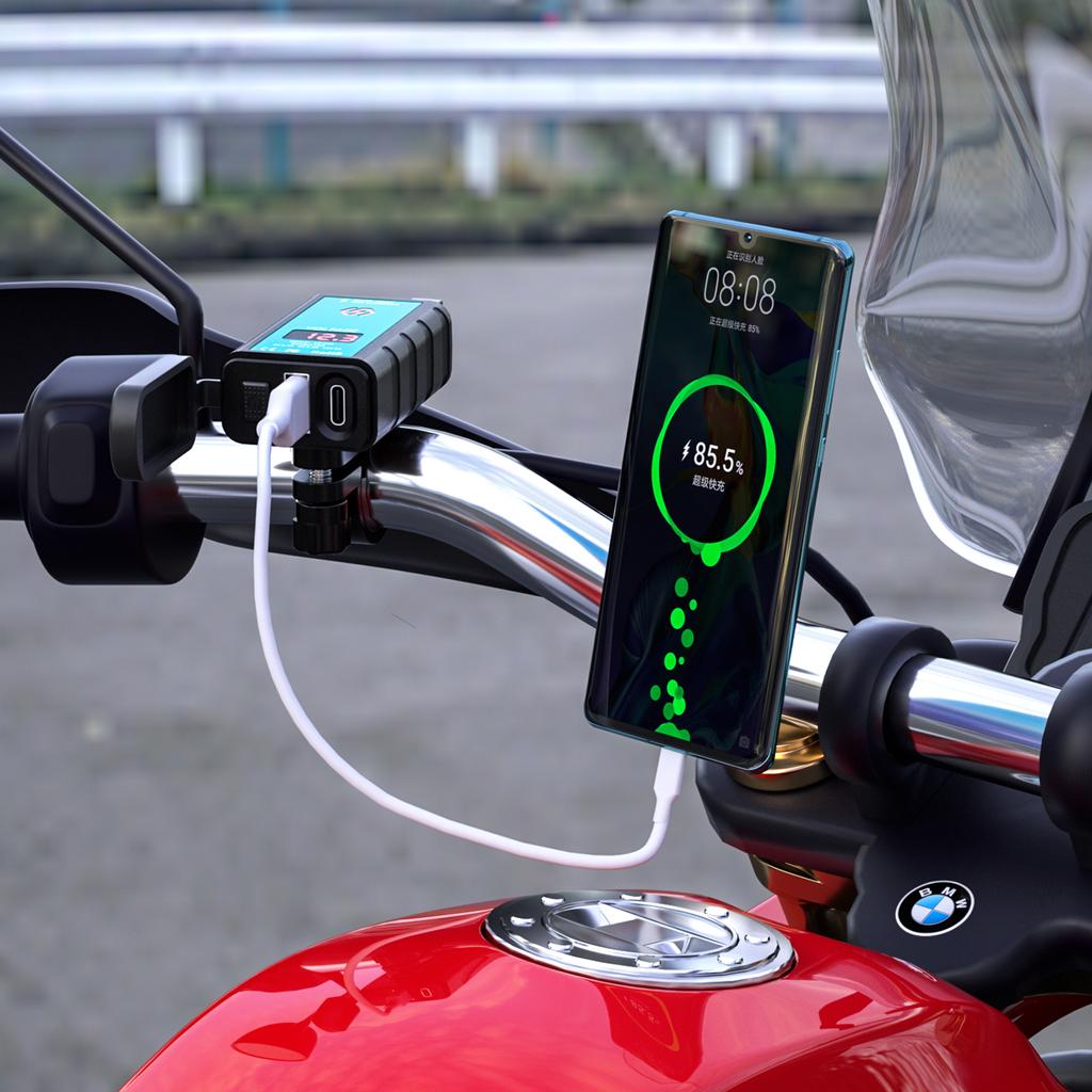 Motorcycle Square Fast Charging Dual USB Charger with Voltmeter Integrated SAE Socket