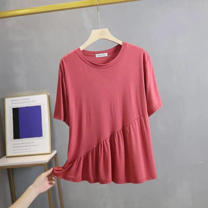 T-shirt Women Solid Color Summer Casual Large Size Loose Round Neck Pullover Short-sleeved Tops