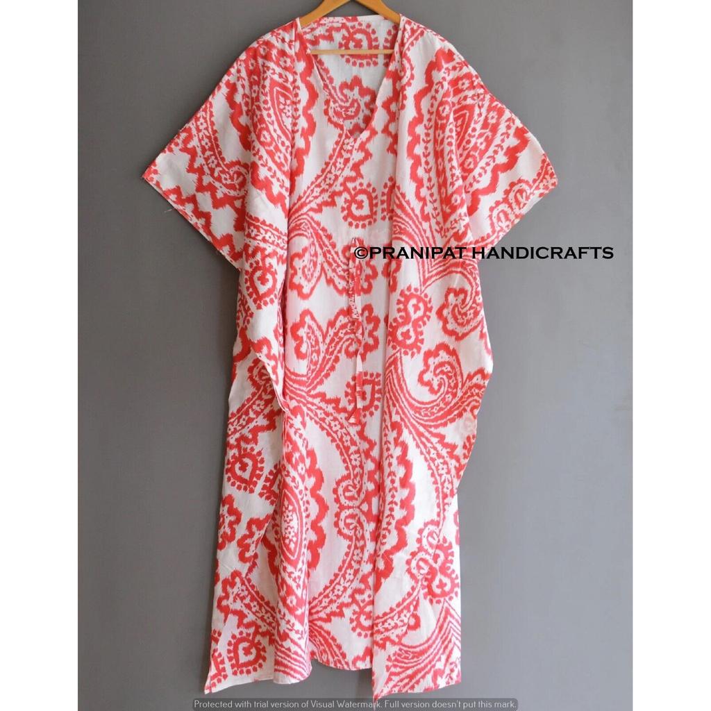 Damen Hippie Baumwolle Sommer Nachtwäsche Ikat Print Rot Langes Maxi Kaftan Kleid CKFTN-SCRN-FULL-BUYIT-093