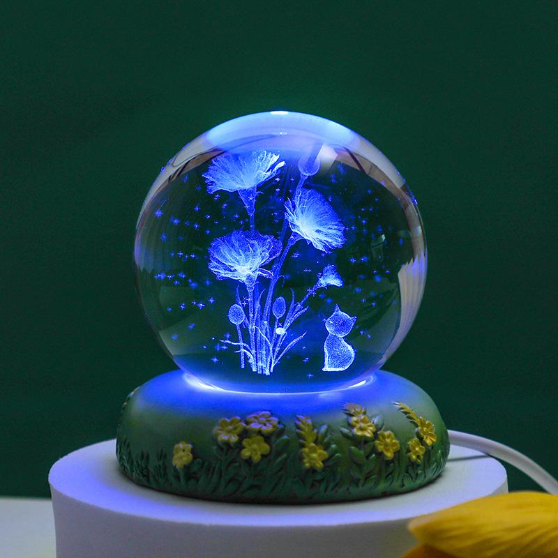 Tulip Crystal Ball 3D Night Light - Luminous Bedroom Ornament & Birthday Gift for Girls