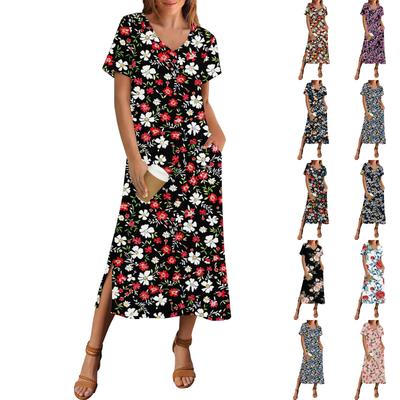 Women's Summer Floral Print Dress Short Sleeve Beach Dress With Pockets Casual V-Neck Hem One Side Slit Dress