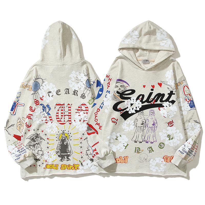 2024 Unisex Vintage Ripped Hoodie with Graffiti Print – Loose Fit, Autumn/Winter Trendy