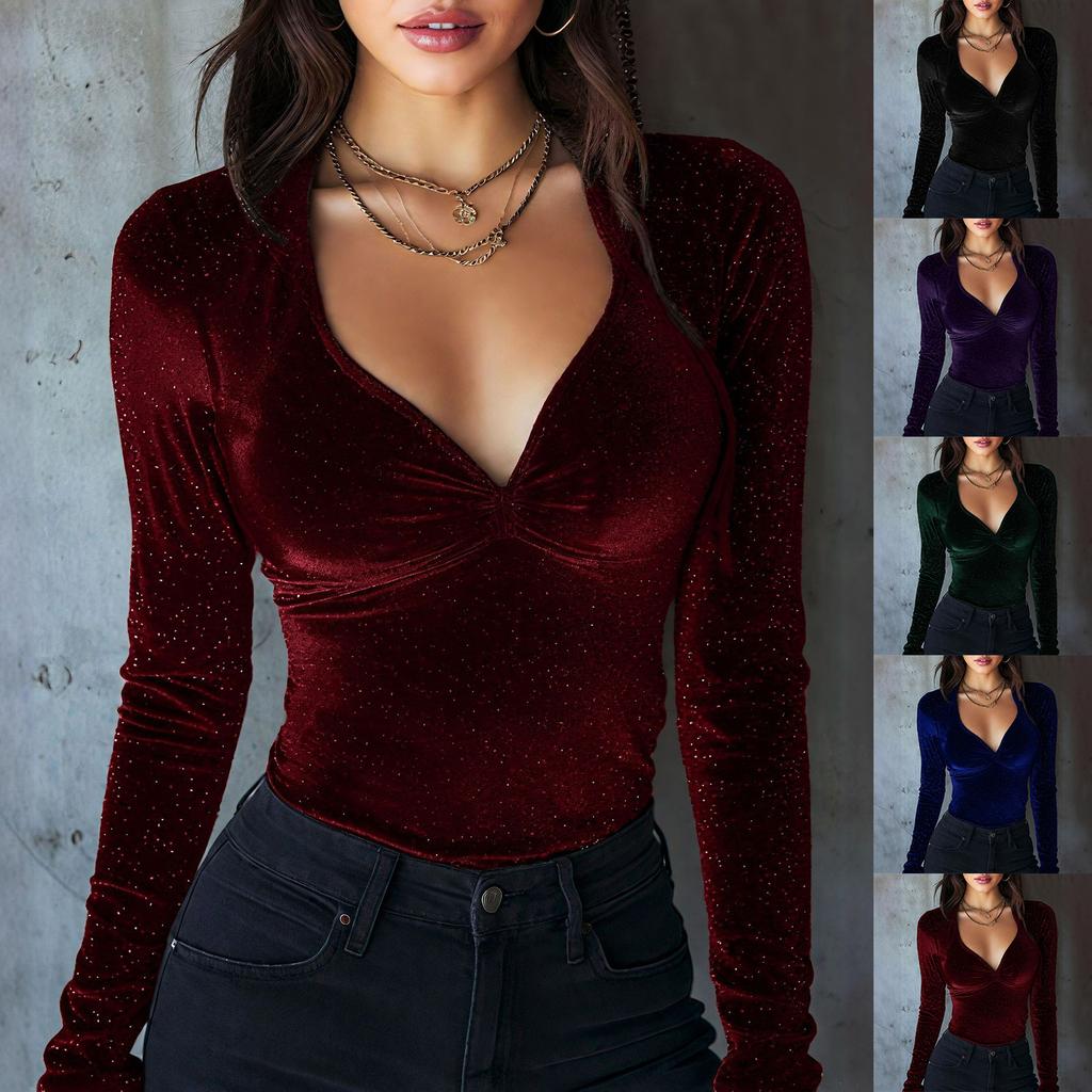 Women's ,Color Fashionable Elegant Velvet Slim,Fit Long,Sleeve Top