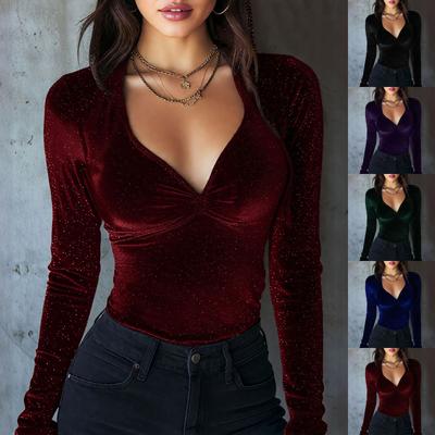 Dámský ,Barevný Módní Elegantní Sametový Štíhlý,Střih Dlouhý,Rukáv Top