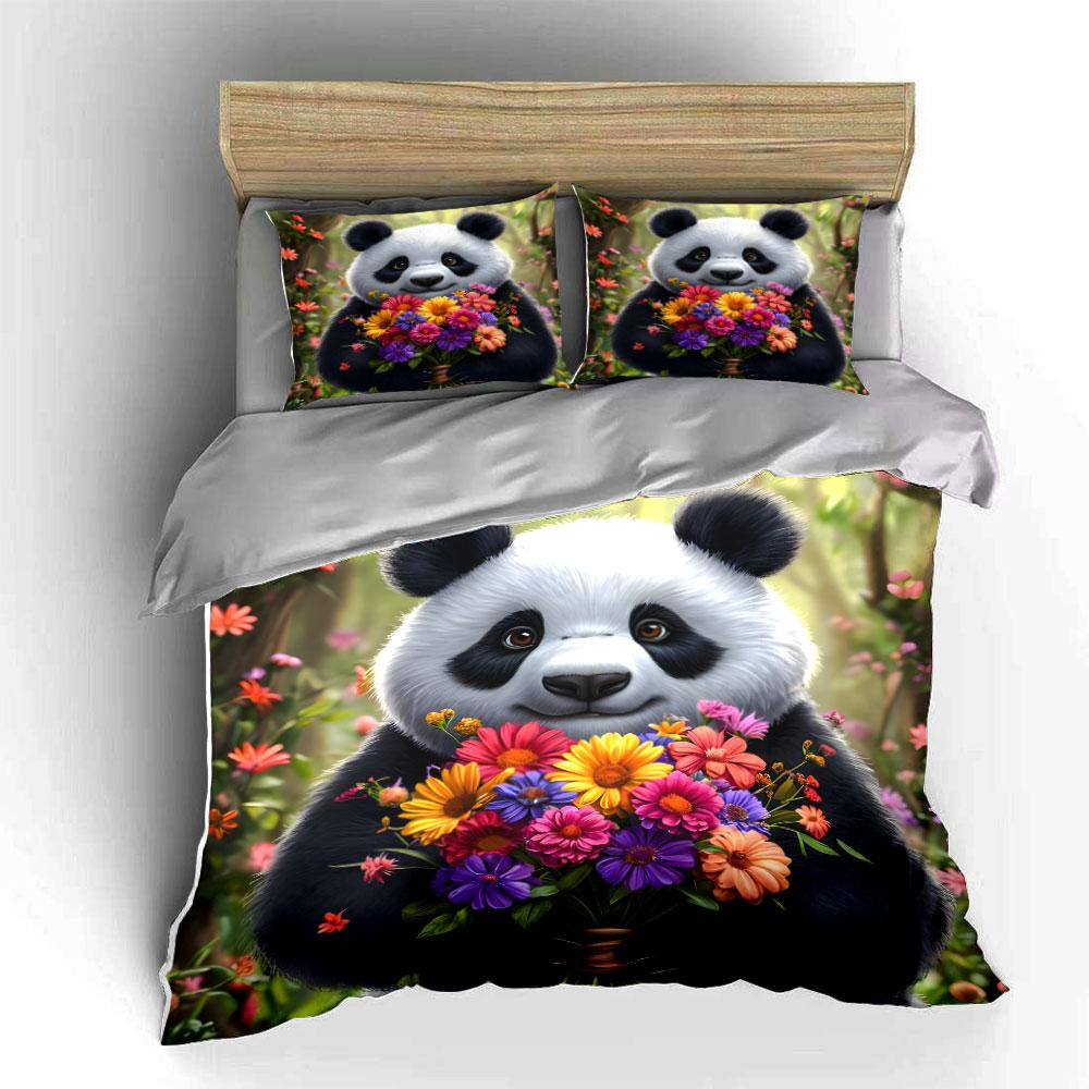 Cute Panda Holding Flowers Cartoon Duvet Cover Set With 3D Printing Design Soft Polyester Bedding Set All-Season Comfort