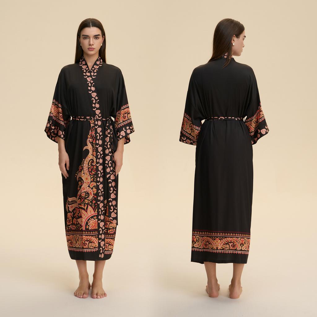 Yaoting European and American satin long-sleeved pajamas women's long loose and comfortable nightgown printed loungewear WP1981